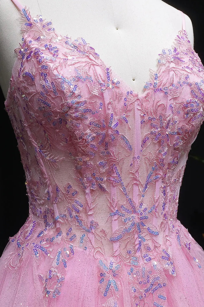 Pink Floral Lace V-neck Ruffled Tulle Prom Dress SH053 Sheer Fairy