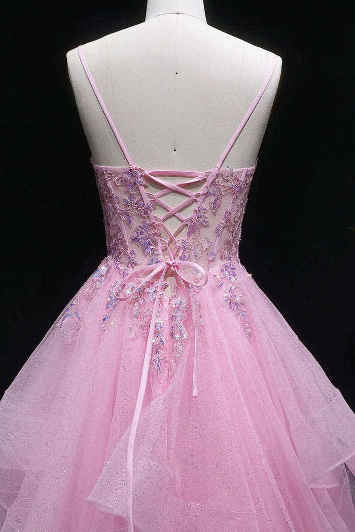 Pink Floral Lace V-neck Ruffled Tulle Prom Dress SH053 Sheer Fairy