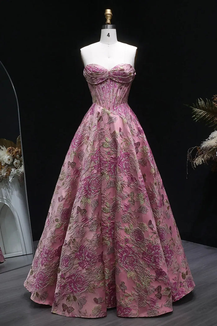 Pink Floral Strapless Ball Gown Mermaid Prom Dress SH417 Sheer Fairy