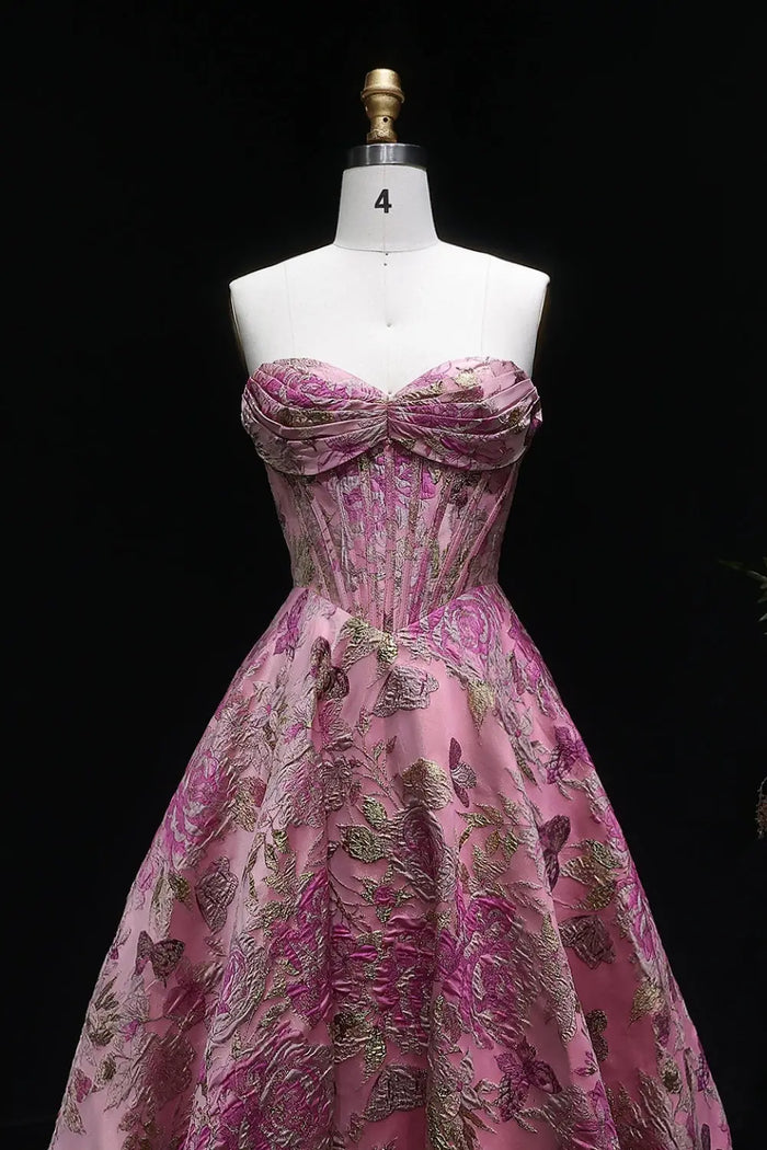 Pink Floral Strapless Ball Gown Mermaid Prom Dress SH417 Sheer Fairy