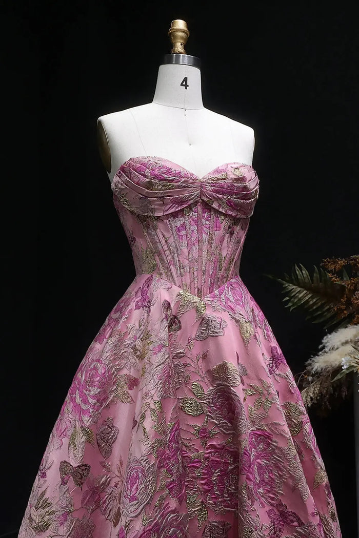 Pink Floral Strapless Ball Gown Mermaid Prom Dress SH417 Sheer Fairy