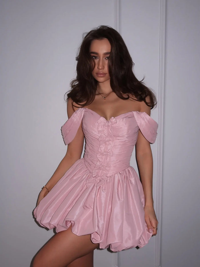 Pink Off-Shoulder Corset Mini Homecoming Dress with Ruching RM207 Sheer Fairy