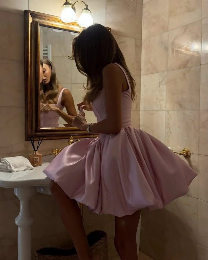 Pink Off-Shoulder Satin Mini Short Homecoming Dress RM202 Sheer Fairy