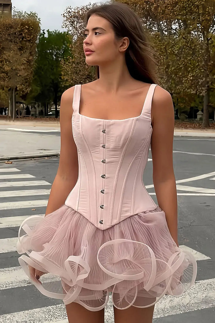 Pink Square Neck Corset Mini Homecoming Dress with 3D Ruffle Tulle RM204 Sheer Fairy