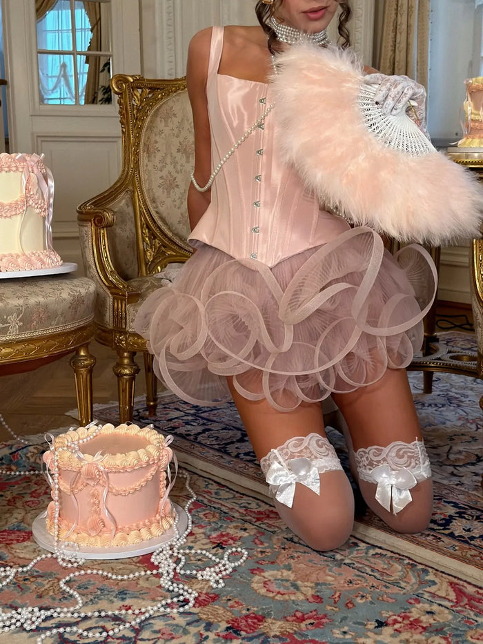 Pink Square Neck Corset Mini Homecoming Dress with 3D Ruffle Tulle RM204 Sheer Fairy