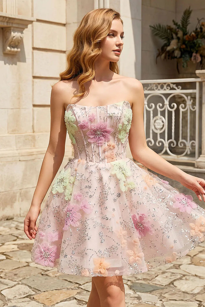 Pink Strapless 3D Floral Homecoming Dress with Sparkle Tulle RM135 Sheer Fairy