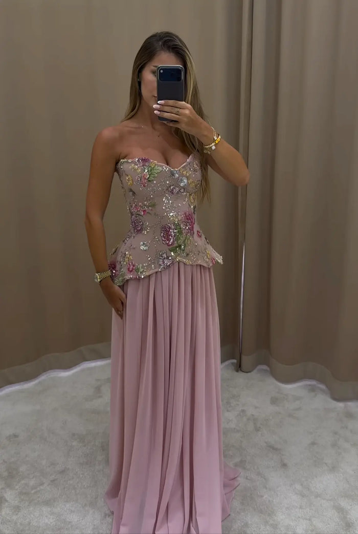 Pink Strapless Evening Dress with Floral Beaded Bodice & Chiffon Cape Scarf SS480 Sheer Fairy