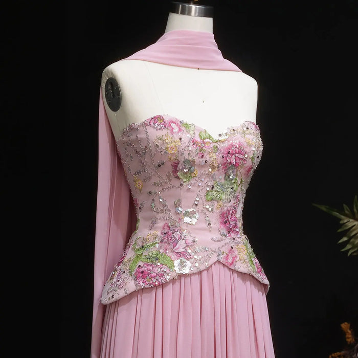 Pink Strapless Evening Dress with Floral Beaded Bodice & Chiffon Cape Scarf SS480 Sheer Fairy