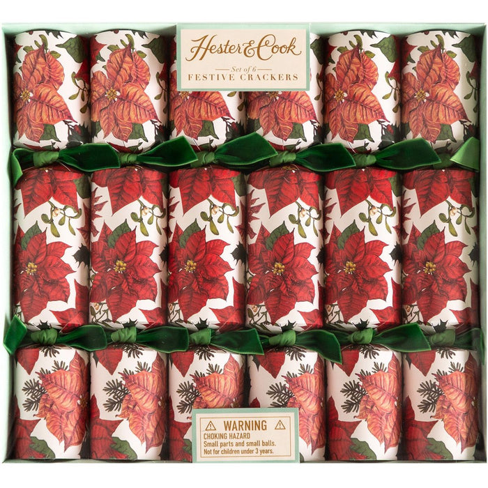 Box of Hester & Cook festive crackers with poinsettia design