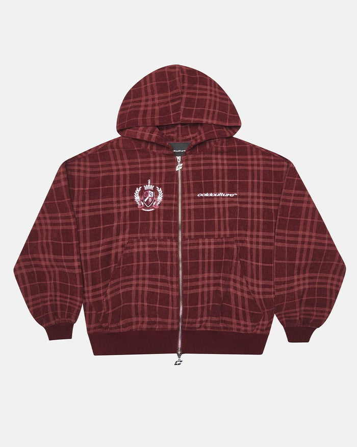 POSH ZIP HOODIE BURGUNDY - burgundy plaid zip-up hoodie, front view - Cold Culture