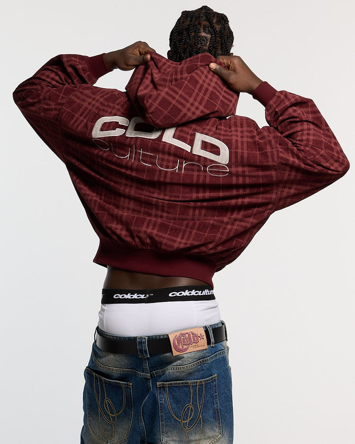 POSH ZIP HOODIE BURGUNDY - burgundy plaid zip-up hoodie, back view on male model - Cold Culture #man