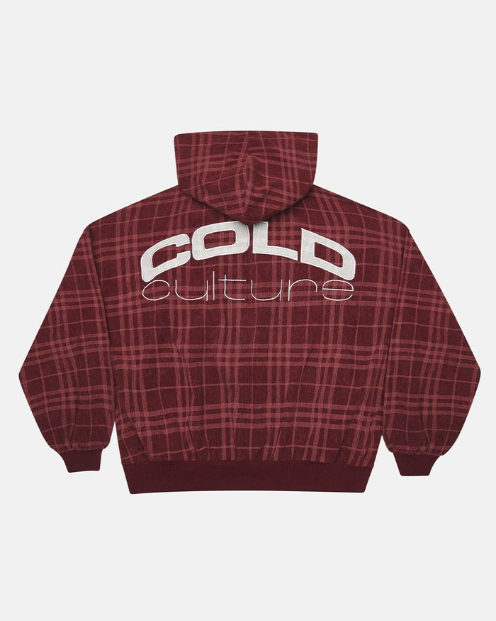 POSH ZIP HOODIE BURGUNDY - burgundy plaid zip-up hoodie, back view - Cold Culture