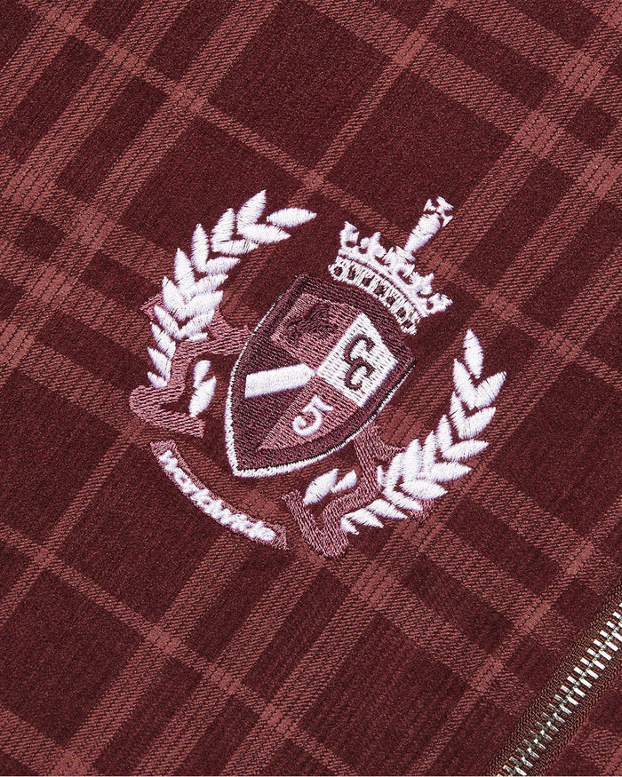 POSH ZIP HOODIE BURGUNDY - burgundy plaid zip-up hoodie, detail close-up - Cold Culture