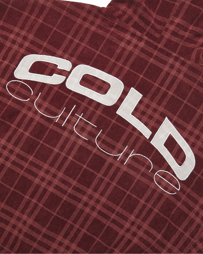 POSH ZIP HOODIE BURGUNDY - burgundy plaid zip-up hoodie, detail close-up - Cold Culture