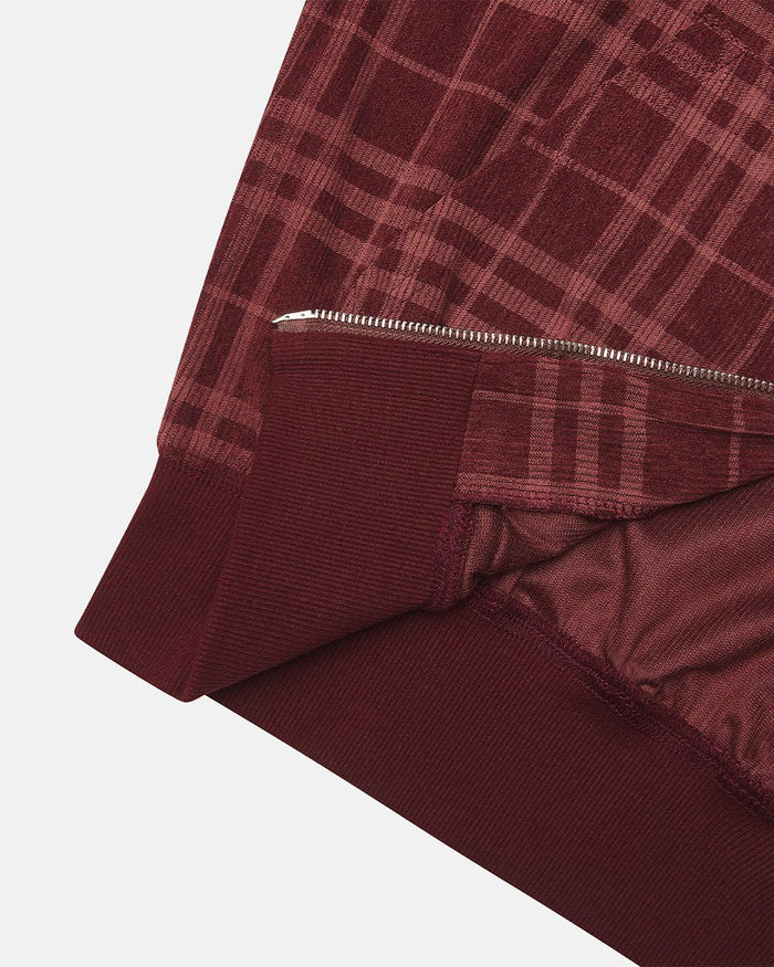 POSH ZIP HOODIE BURGUNDY - burgundy plaid zip-up hoodie, detail close-up - Cold Culture