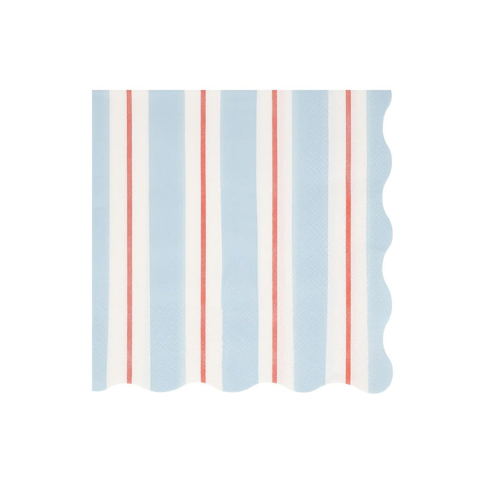 A square paper napkin with a scalloped edge, featuring a vertical stripe pattern of light blue, white, and thin red stripes, shown on a plain white background.