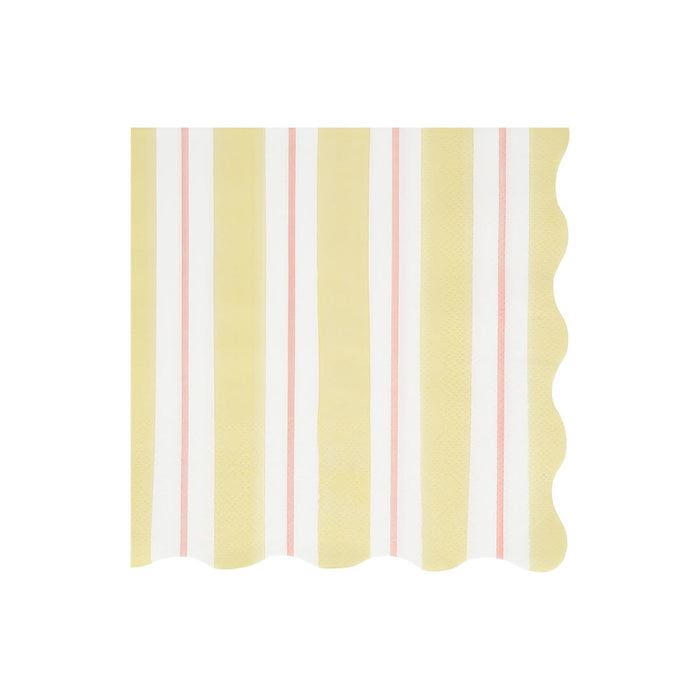 A square paper napkin with a scalloped edge, featuring a vertical stripe pattern of pale yellow, white, and thin pink stripes, shown on a plain white background.
