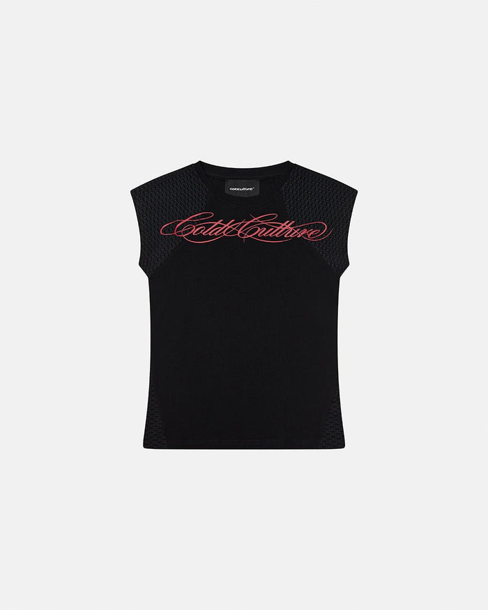 PRETTY BABY TEE BLACK - black script print baby tee, front view - Cold Culture