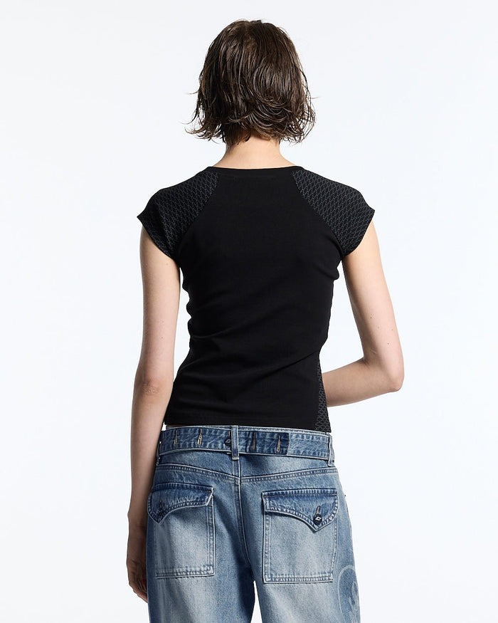 PRETTY BABY TEE BLACK - black script print baby tee, back view on female model - Cold Culture