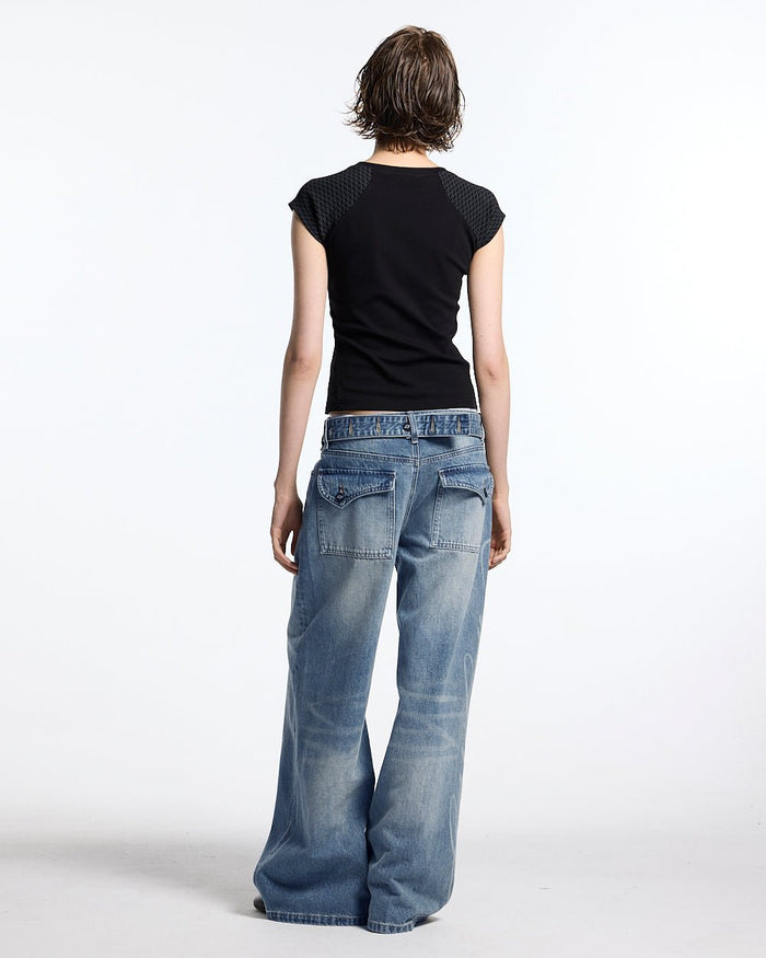 PRETTY BABY TEE BLACK - black script print baby tee, back view on female model - Cold Culture