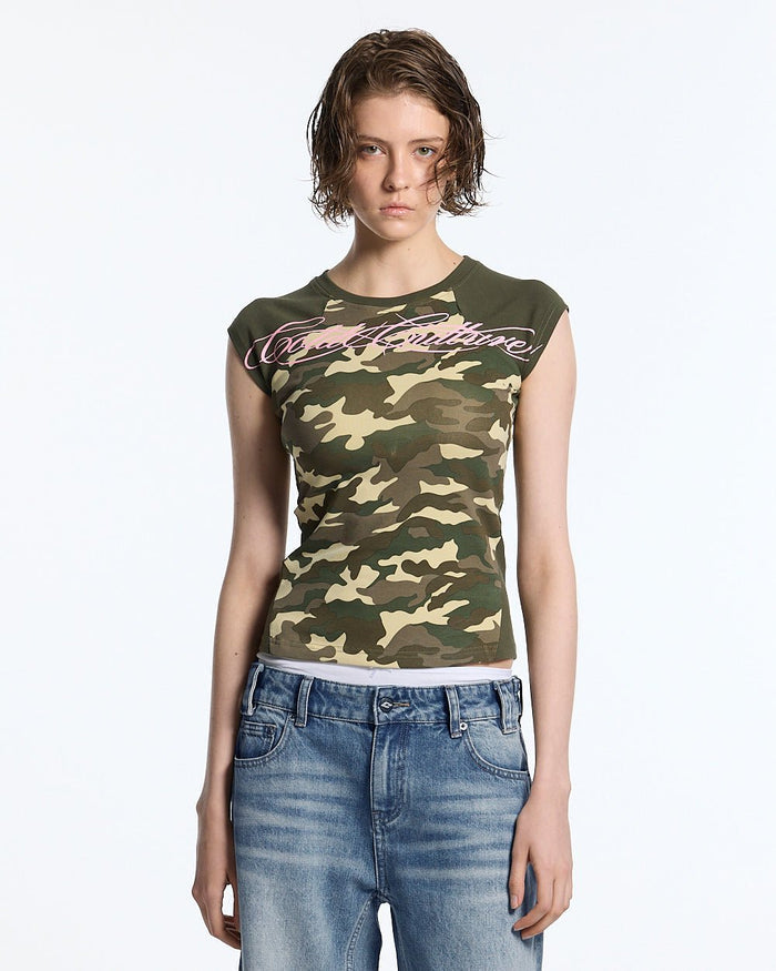 PRETTY BABY TEE GREEN - green camo baby tee, front view on female model - Cold Culture