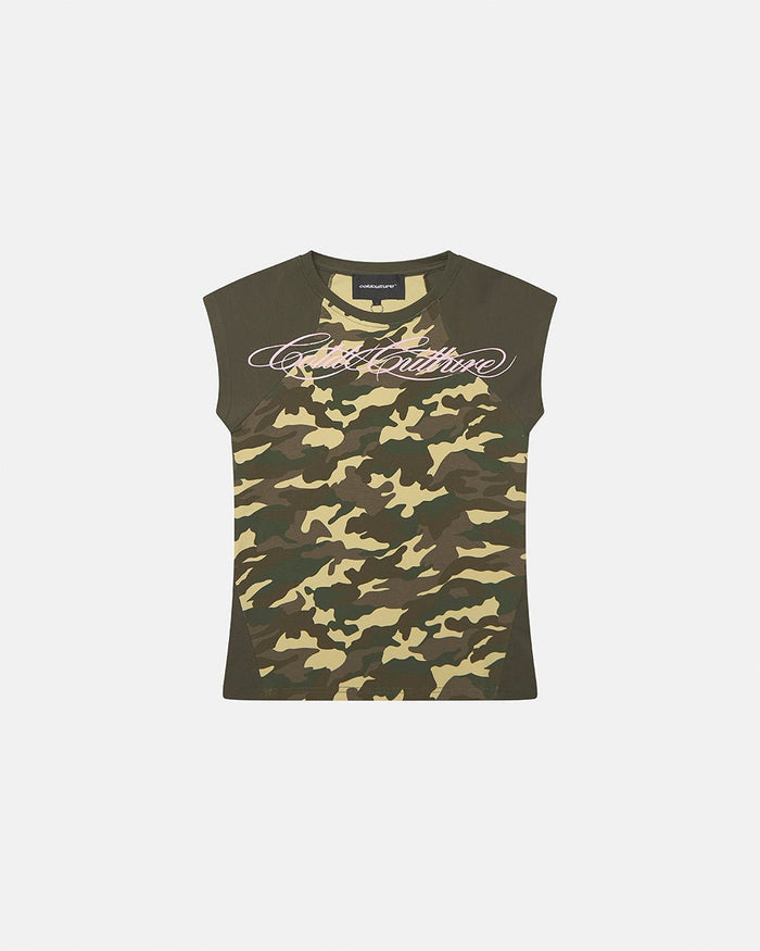 PRETTY BABY TEE GREEN - green camo baby tee, front view - Cold Culture