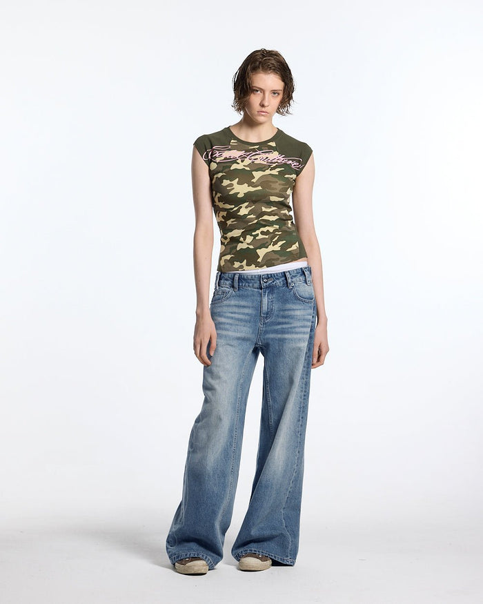 PRETTY BABY TEE GREEN - green camo baby tee, front view on female model - Cold Culture #woman