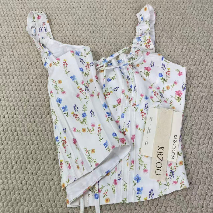 Printed halter-neck short-sleeved top