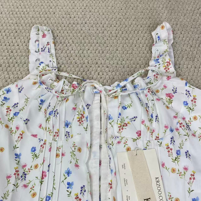 Printed halter-neck short-sleeved top