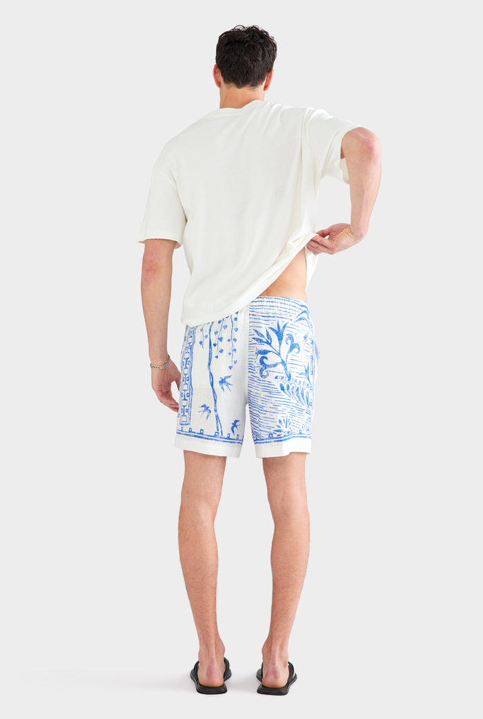 Printed Linen Short - White/Blue Greek Stamp