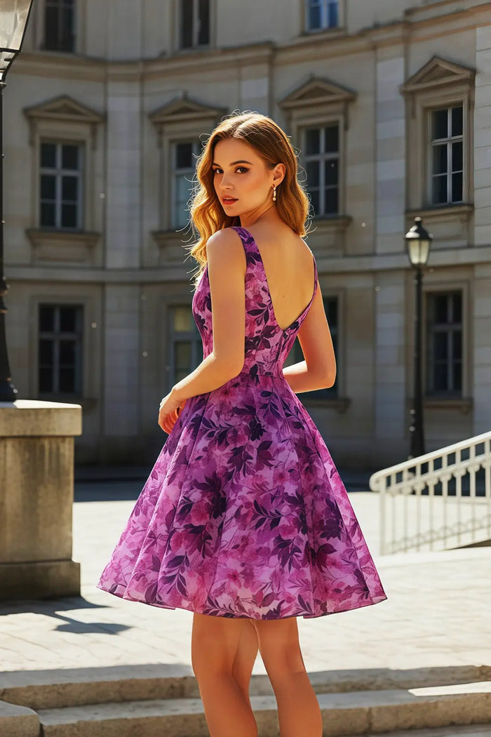 Purple Floral A-Line Open Back Homecoming Dress RM129 Sheer Fairy