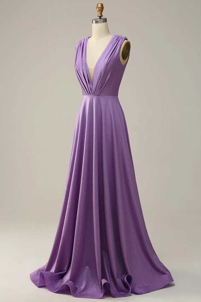 Purple Satin A-Line Sleeveless Prom Dress with Sweep Train SH602 Sheer Fairy