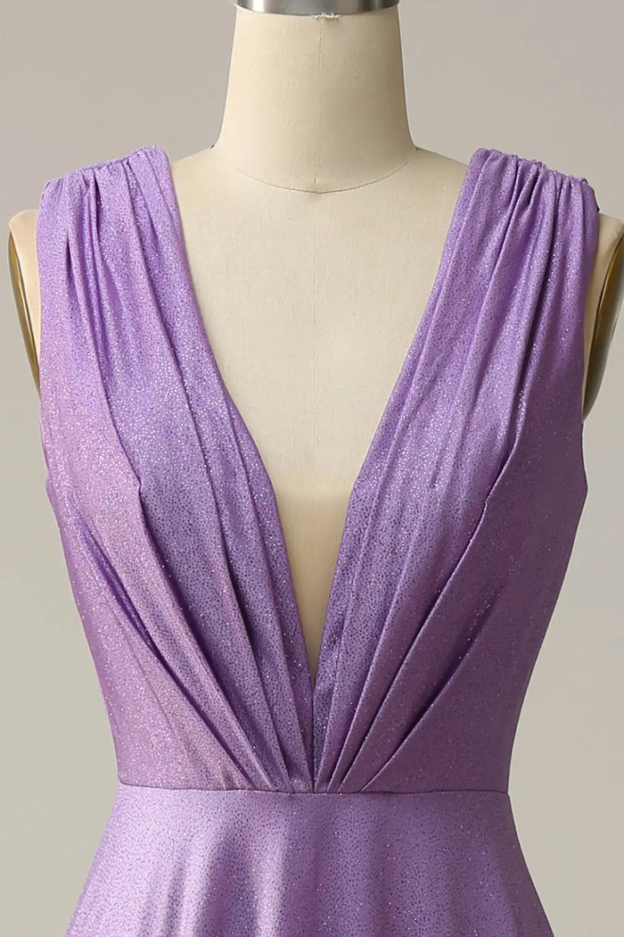 Purple Satin A-Line Sleeveless Prom Dress with Sweep Train SH602 Sheer Fairy