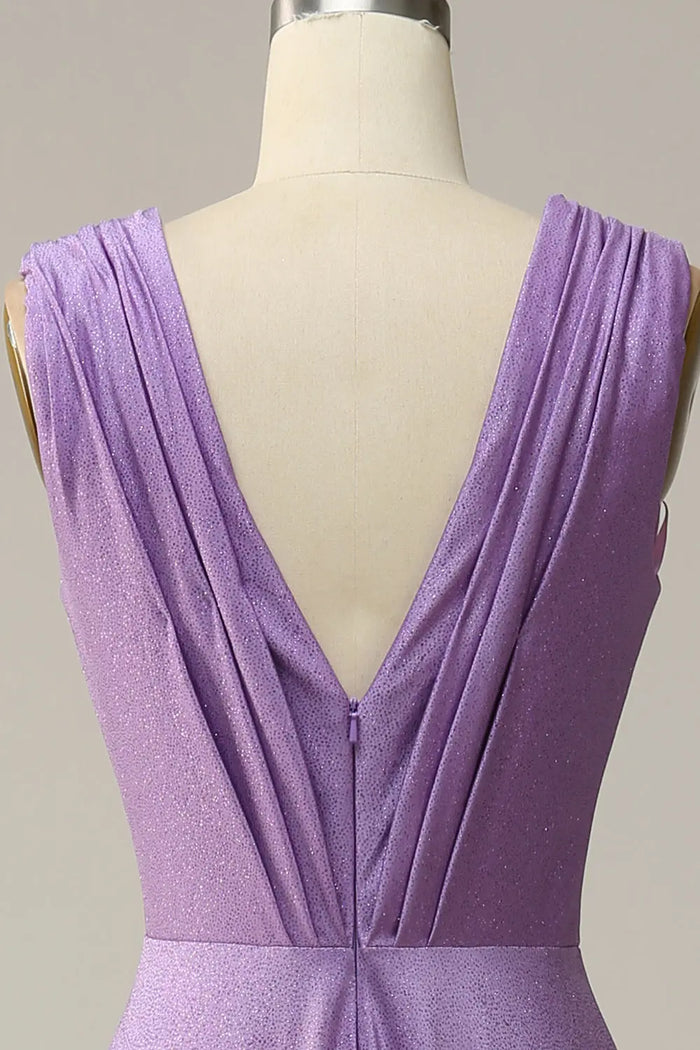 Purple Satin A-Line Sleeveless Prom Dress with Sweep Train SH602 Sheer Fairy