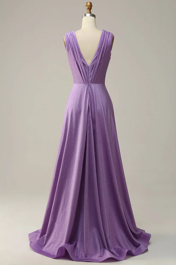 Purple Satin A-Line Sleeveless Prom Dress with Sweep Train SH602 Sheer Fairy