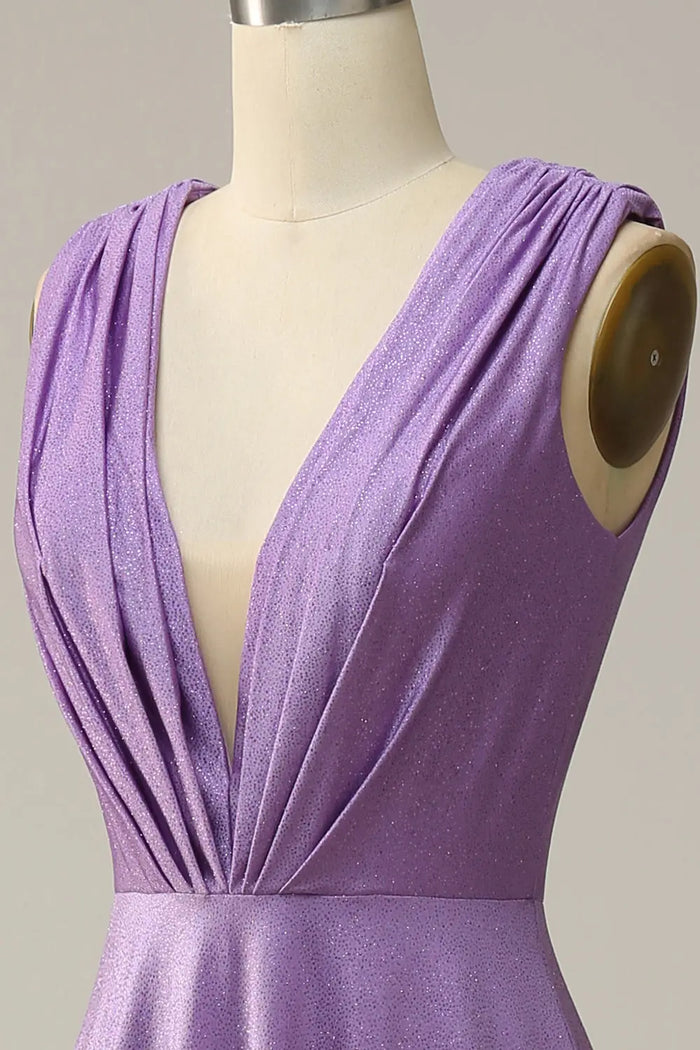 Purple Satin A-Line Sleeveless Prom Dress with Sweep Train SH602 Sheer Fairy