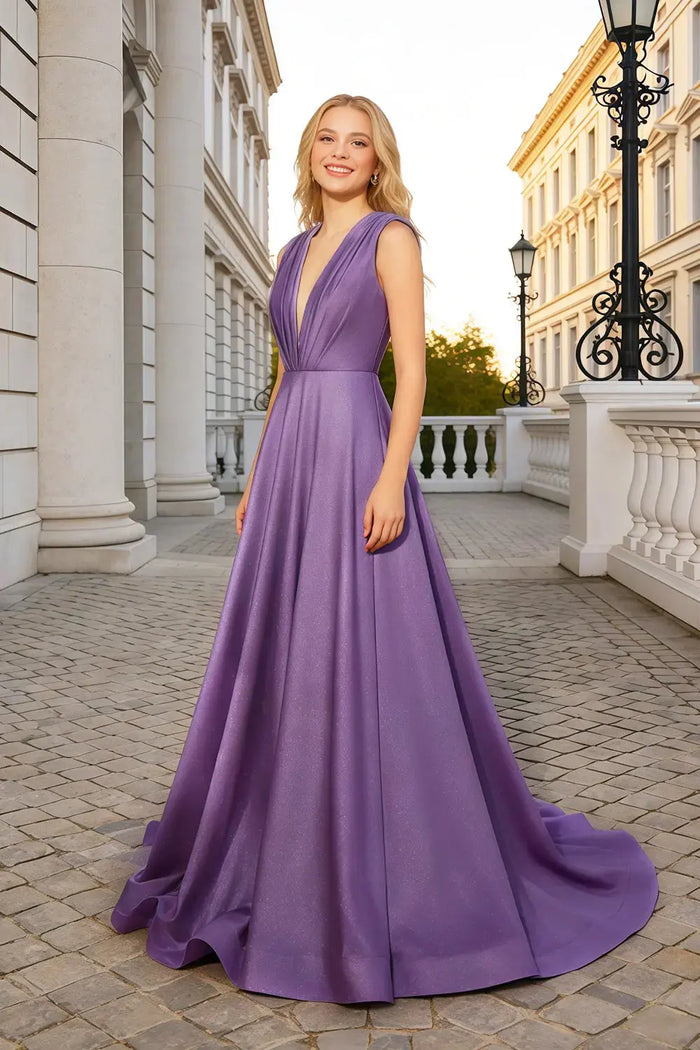 Purple Satin A-Line Sleeveless Prom Dress with Sweep Train SH602 Sheer Fairy