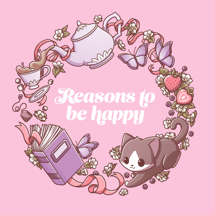 Premium Cotton T-shirt_TeeTurtle light pink Reasons to be Happy apparel featuring the caption, “Reasons to be Happy“ surrounded by a wreath with a cat, tea, flowers, books, butterflies, and strawberries.