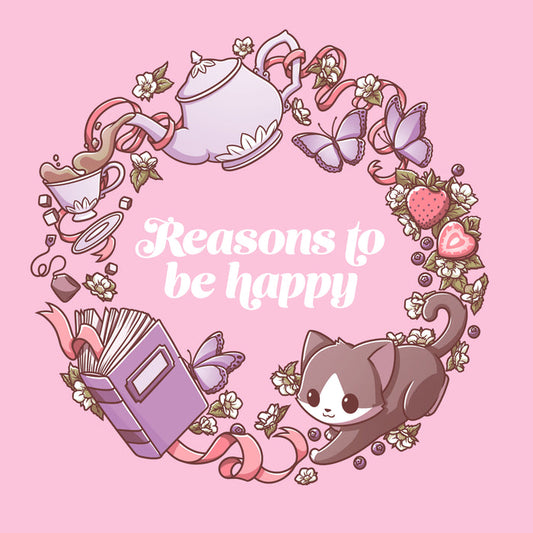 Premium Cotton T-shirt_TeeTurtle light pink Reasons to be Happy apparel featuring the caption, “Reasons to be Happy“ surrounded by a wreath with a cat, tea, flowers, books, butterflies, and strawberries.
