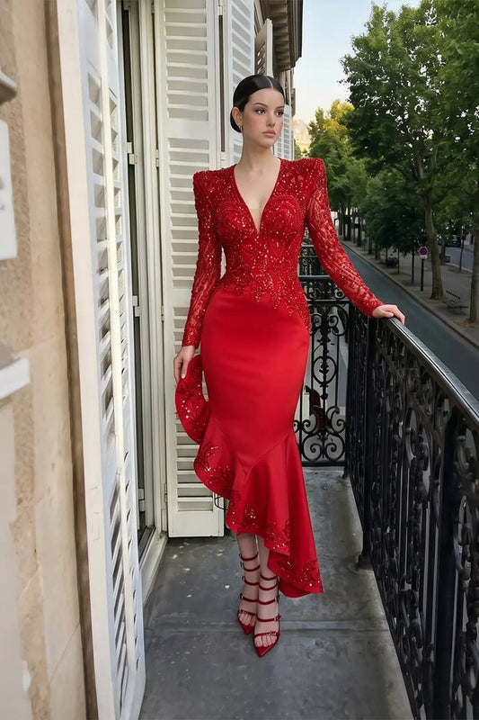 Red Beaded Sequin Asymmetrical Ruffle Midi Dress ST044 Sheer Fairy