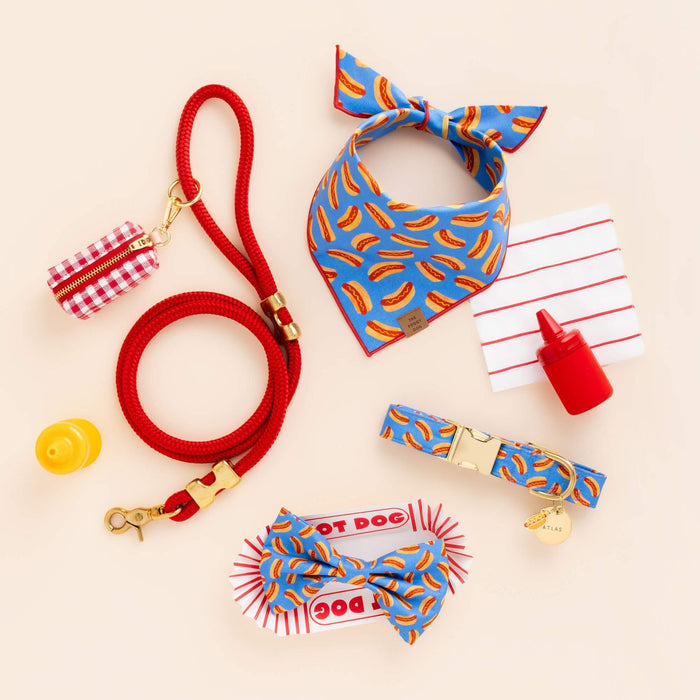 Dog accessories including a red leash, bandana, and collar with hot dog pattern on a beige background.