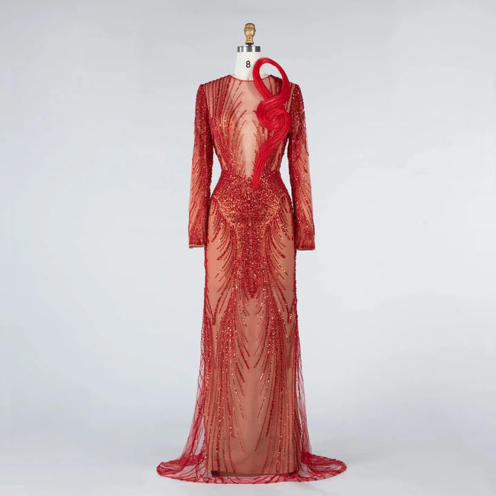Red Sequin Beaded Long Sleeve Evening Dress with 3D Sculptural Neck Detail ST020 Sheer Fairy