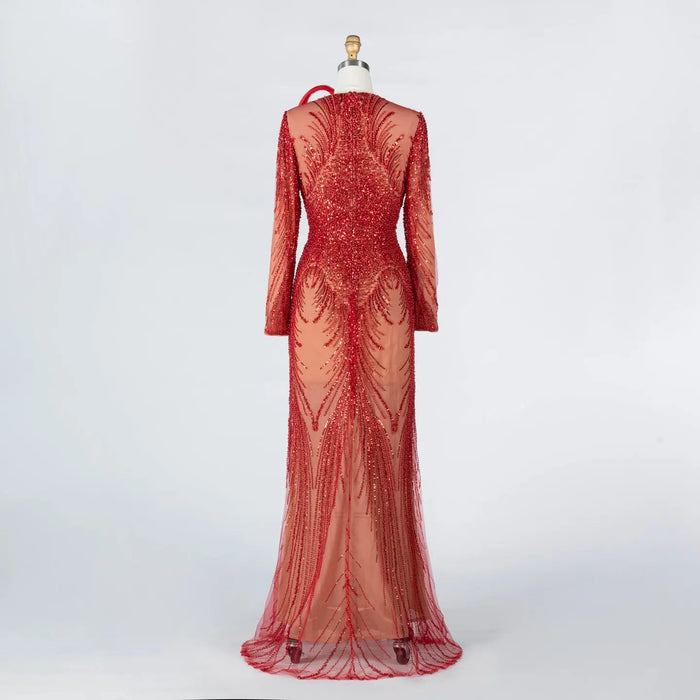 Red Sequin Beaded Long Sleeve Evening Dress with 3D Sculptural Neck Detail ST020 Sheer Fairy