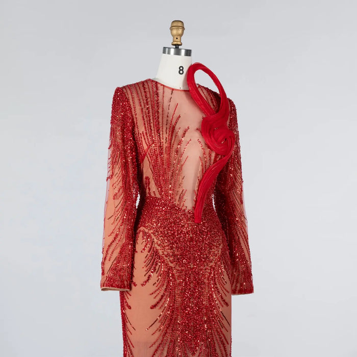 Red Sequin Beaded Long Sleeve Evening Dress with 3D Sculptural Neck Detail ST020 Sheer Fairy
