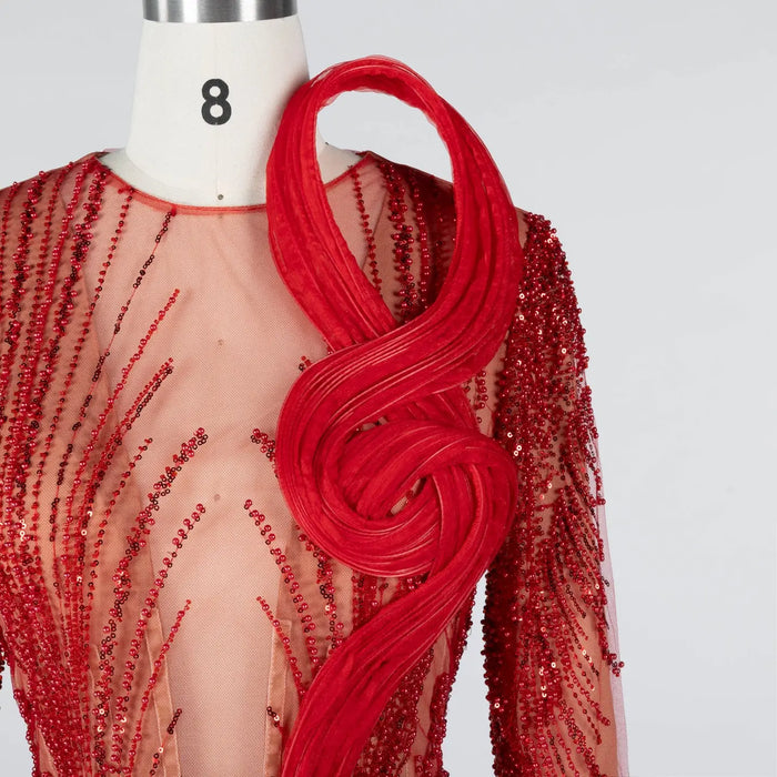 Red Sequin Beaded Long Sleeve Evening Dress with 3D Sculptural Neck Detail ST020 Sheer Fairy