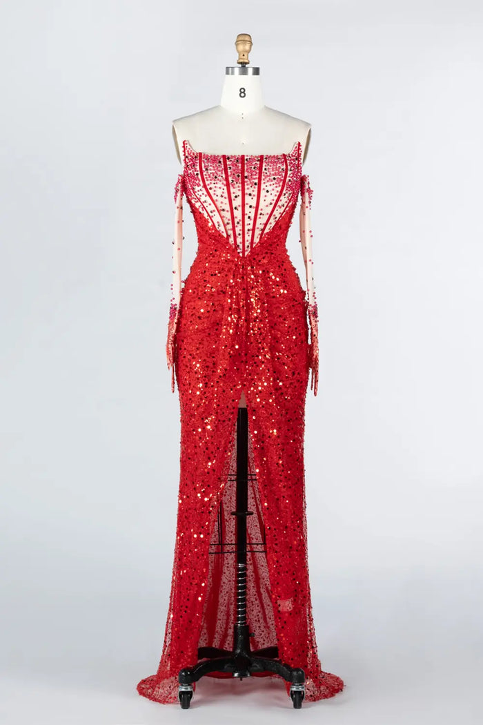 Red Sequin High Slit Evening Dress with Boned Corset and Matching Sleeves ST024 Sheer Fairy