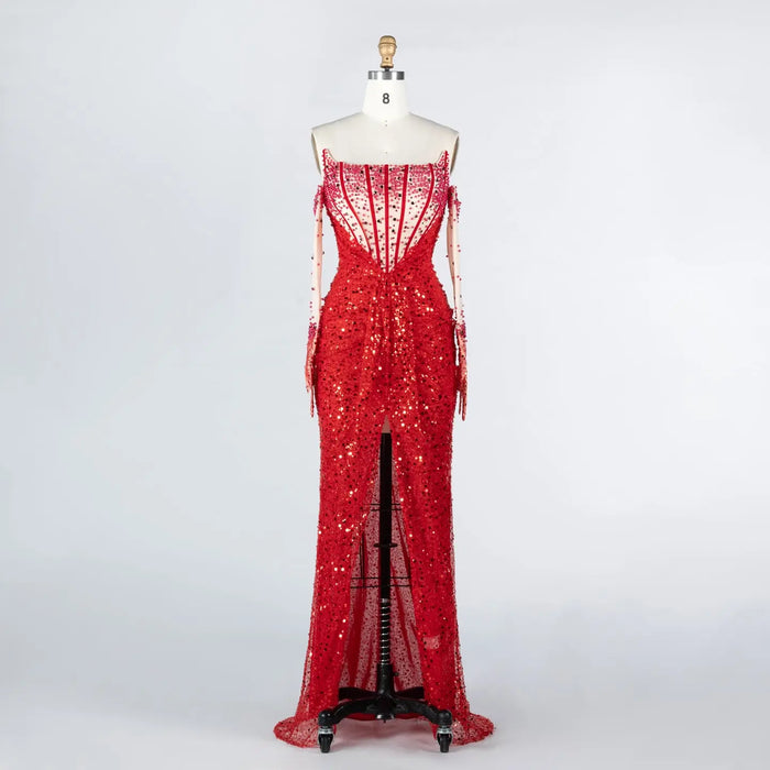 Red Sequin High Slit Evening Dress with Boned Corset and Matching Sleeves ST024 Sheer Fairy