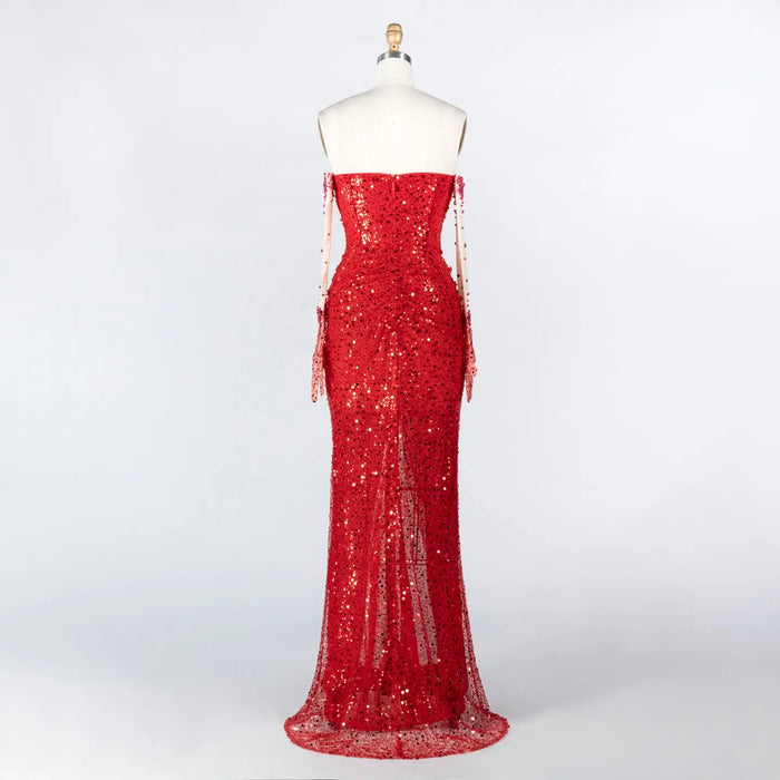 Red Sequin High Slit Evening Dress with Boned Corset and Matching Sleeves ST024 Sheer Fairy