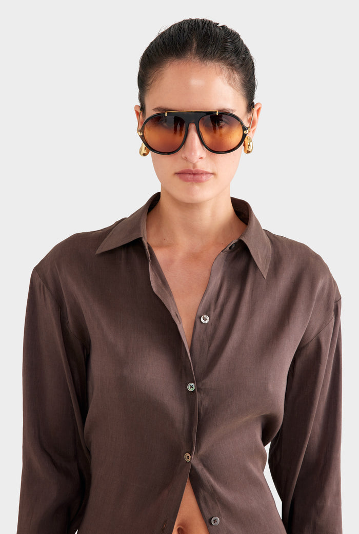 Relaxed Silk Linen Shirt - Chocolate Brown