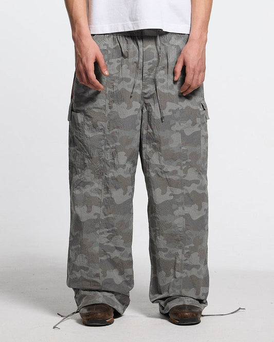RESERVED CARGO PANTS CAMO - grey camo cargo pants, front view on male model - Cold Culture #man